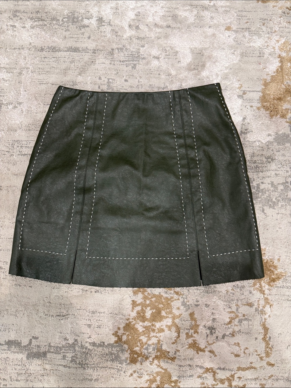 Dark Green Faux Leather Mini Skirt with Contrast Stitching